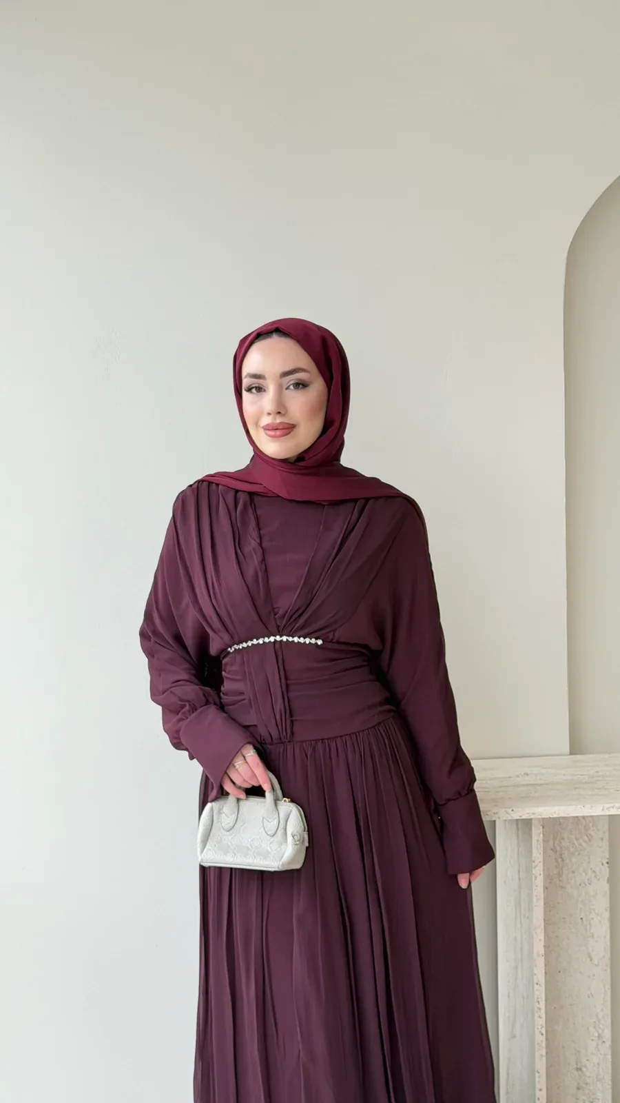 Real Taşlı Elbise – Bordo, görsel 4