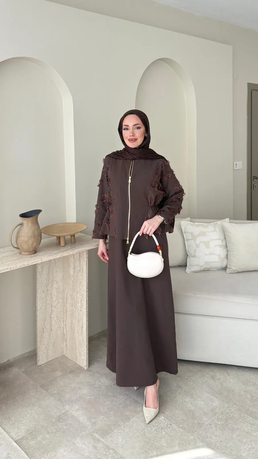 Wool Yandan Büzgülü Takım – Kahverengi, görsel 1