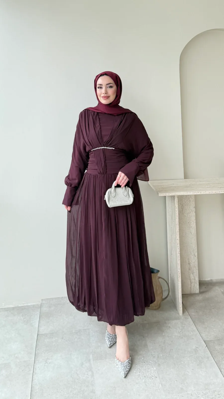 Real Taşlı Elbise – Bordo, görsel 1
