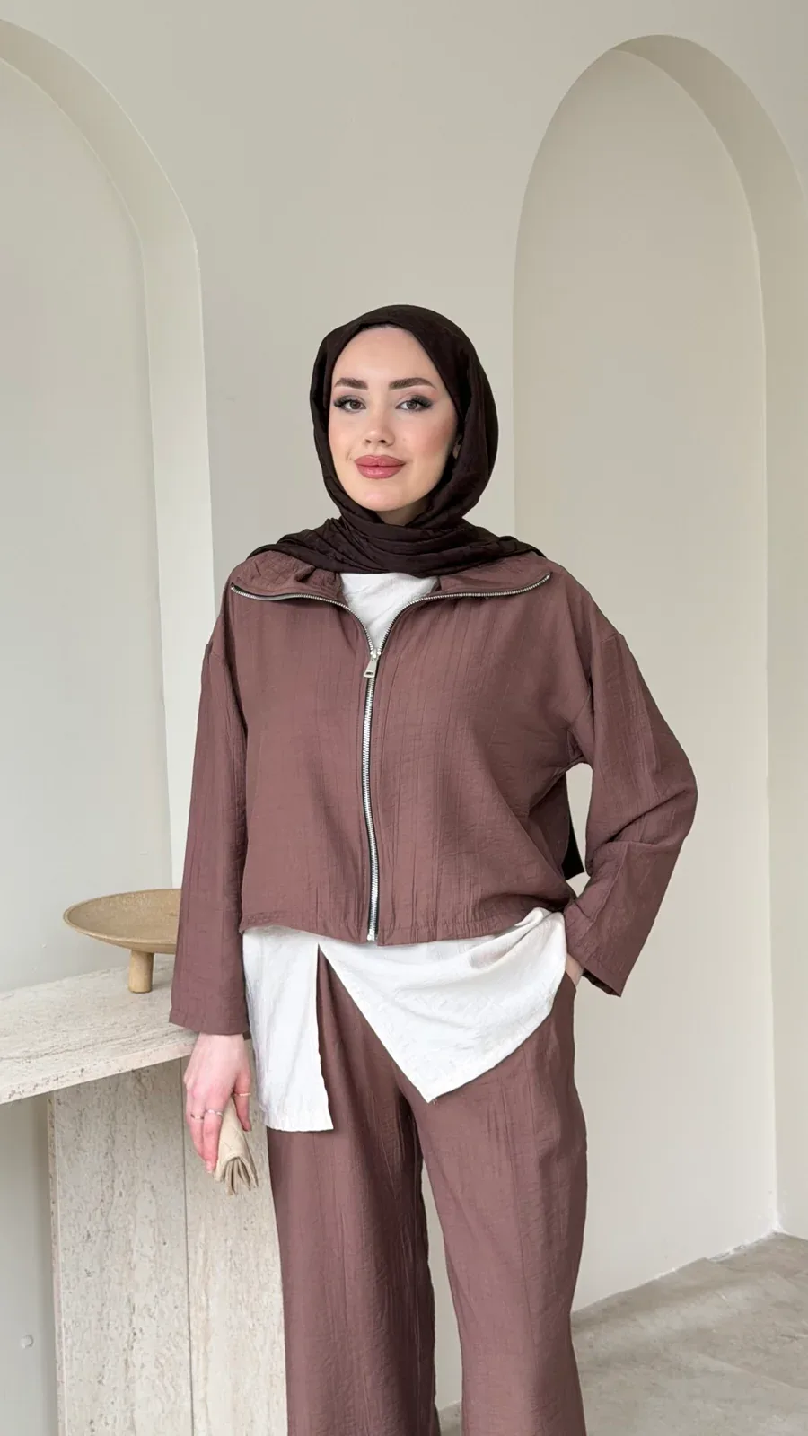 Mia Çilek Kumaş Takım – Kahverengi, görsel 4