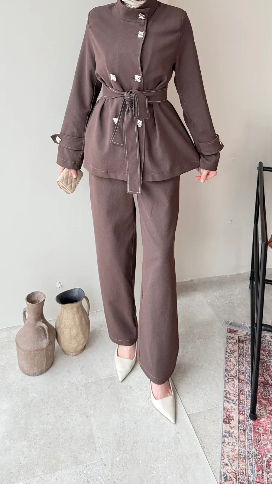Miri Düğme Detaylı Takım – Kahve, görsel 5