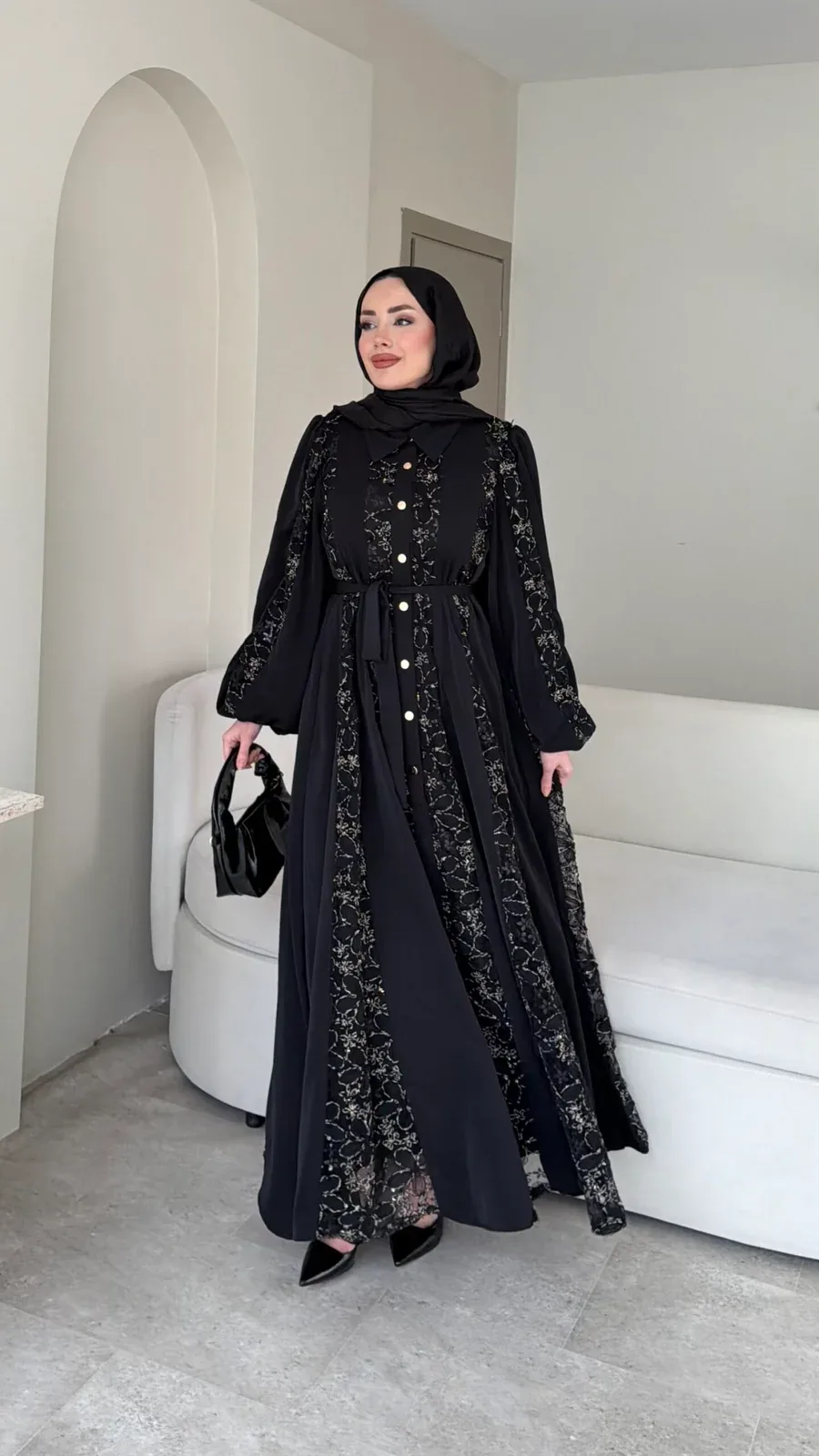 Loom Çiçek Desen Elbise – Siyah, görsel 4