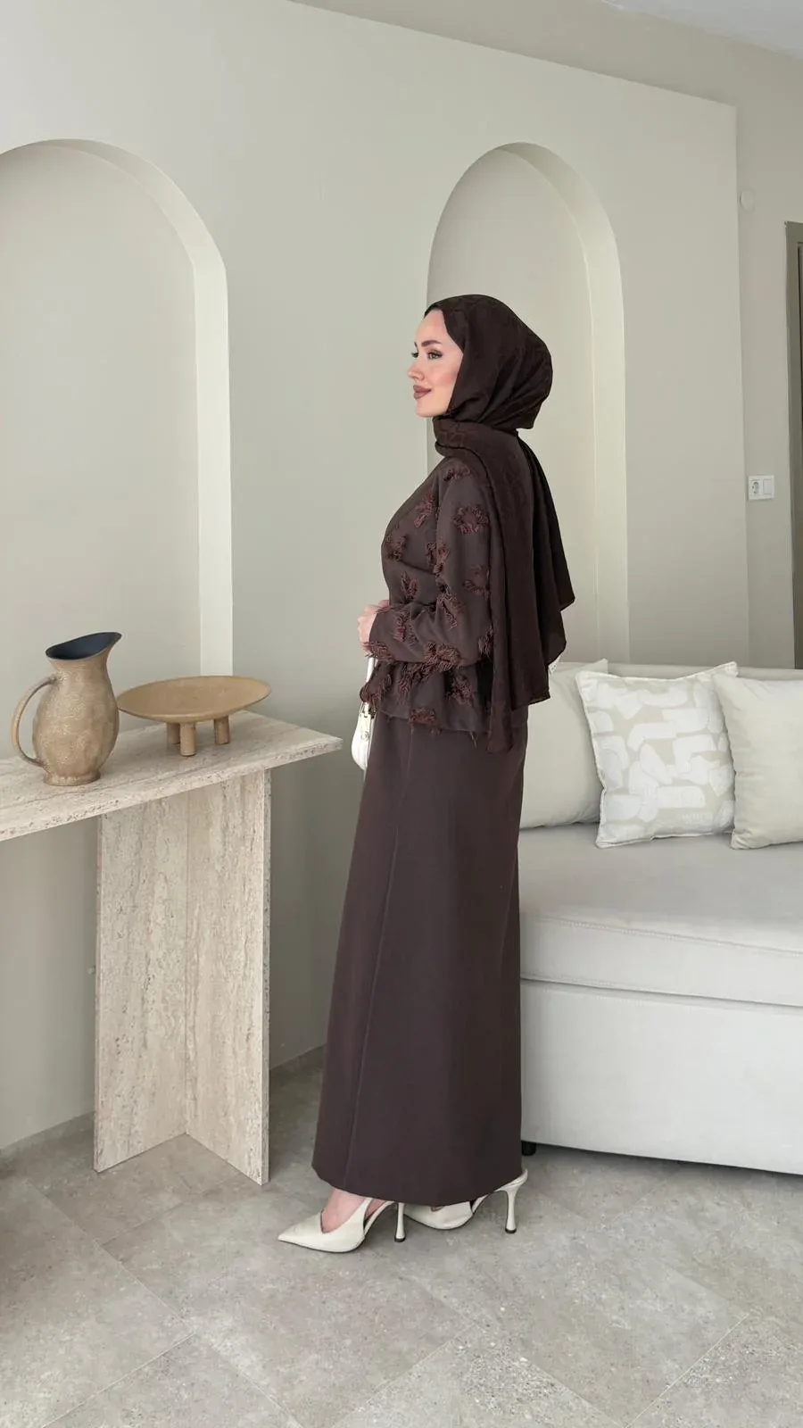 Wool Yandan Büzgülü Takım – Kahverengi, görsel 2