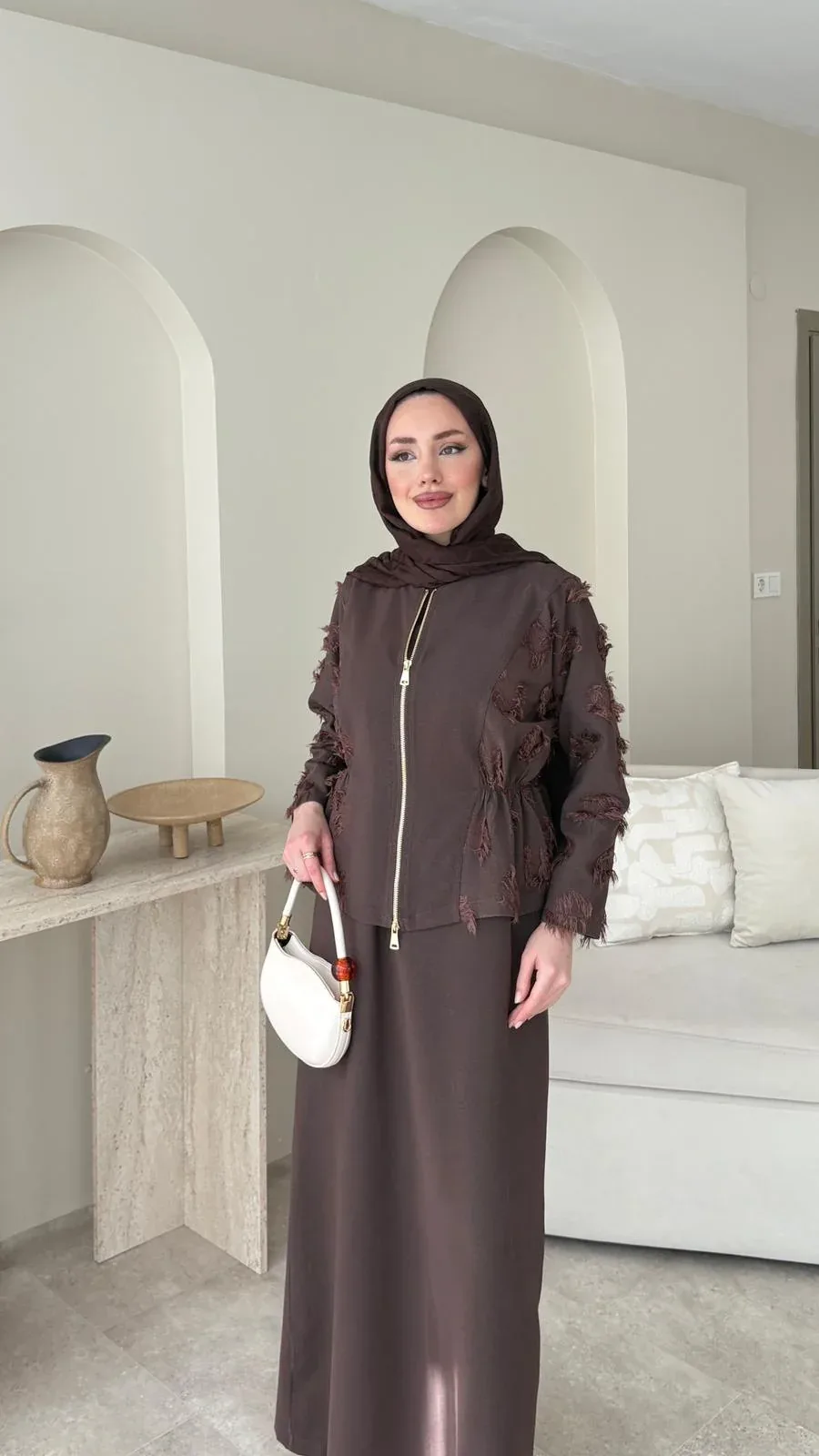 Wool Yandan Büzgülü Takım – Kahverengi, görsel 4