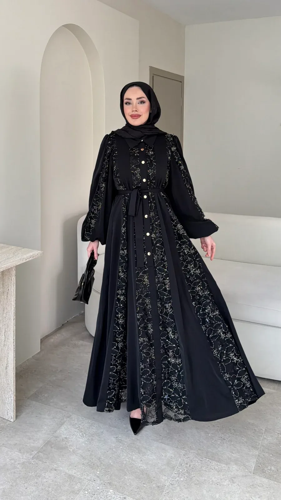 Loom Çiçek Desen Elbise – Siyah, görsel 1