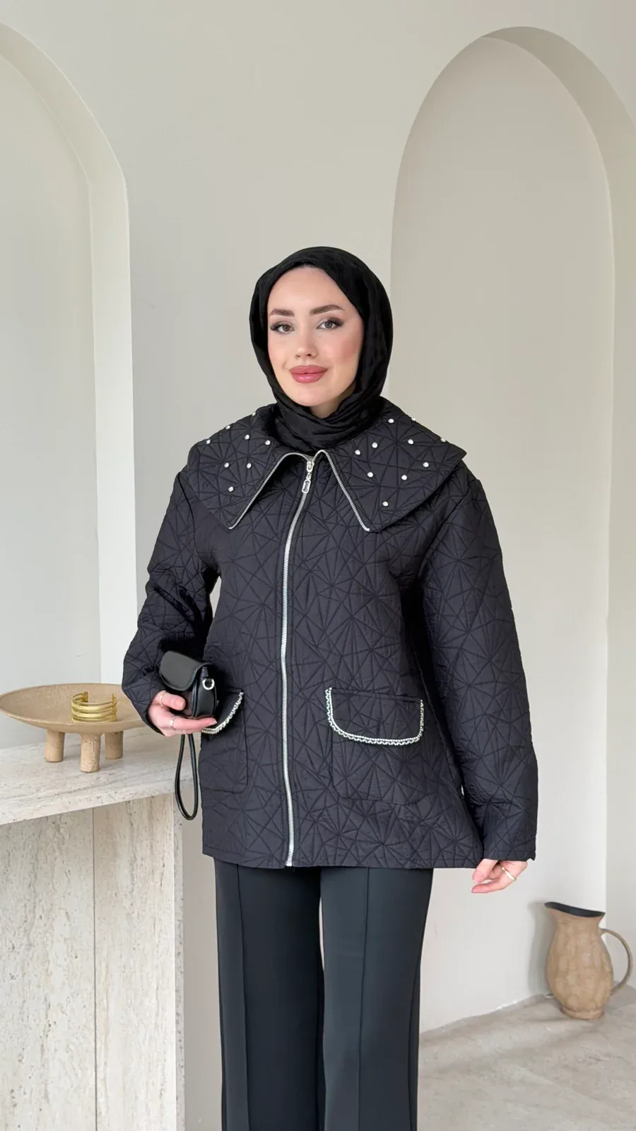 Lara Üçgen Desen Ceket – Siyah, görsel 4