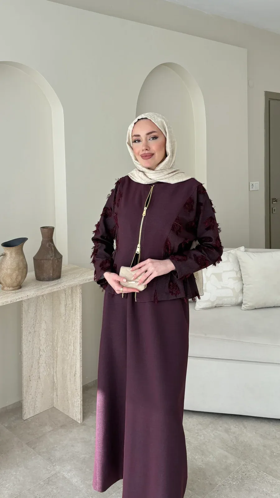 Wool Yandan Büzgülü Takım – Bordo, görsel 2