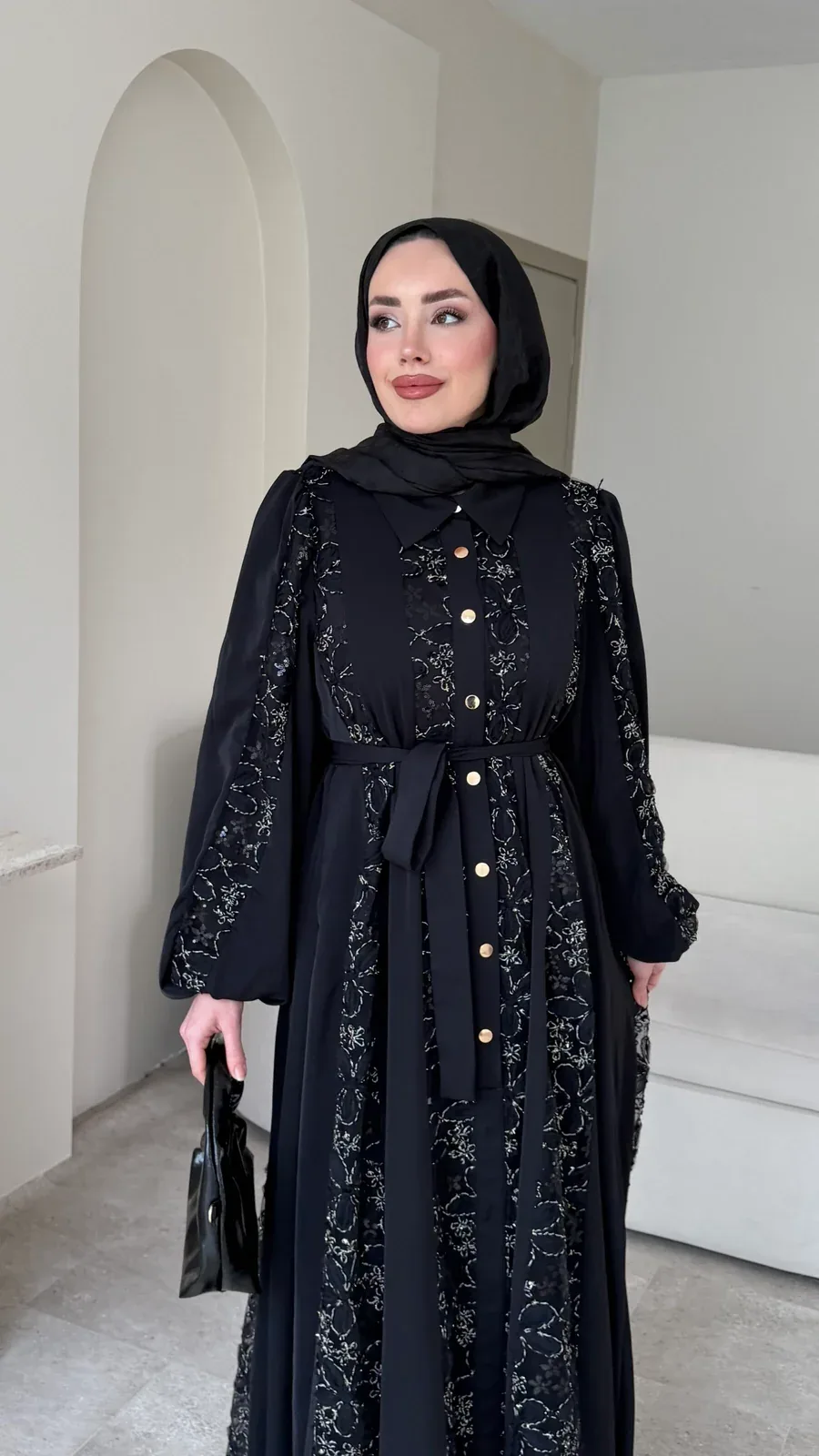 Loom Çiçek Desen Elbise – Siyah, görsel 7