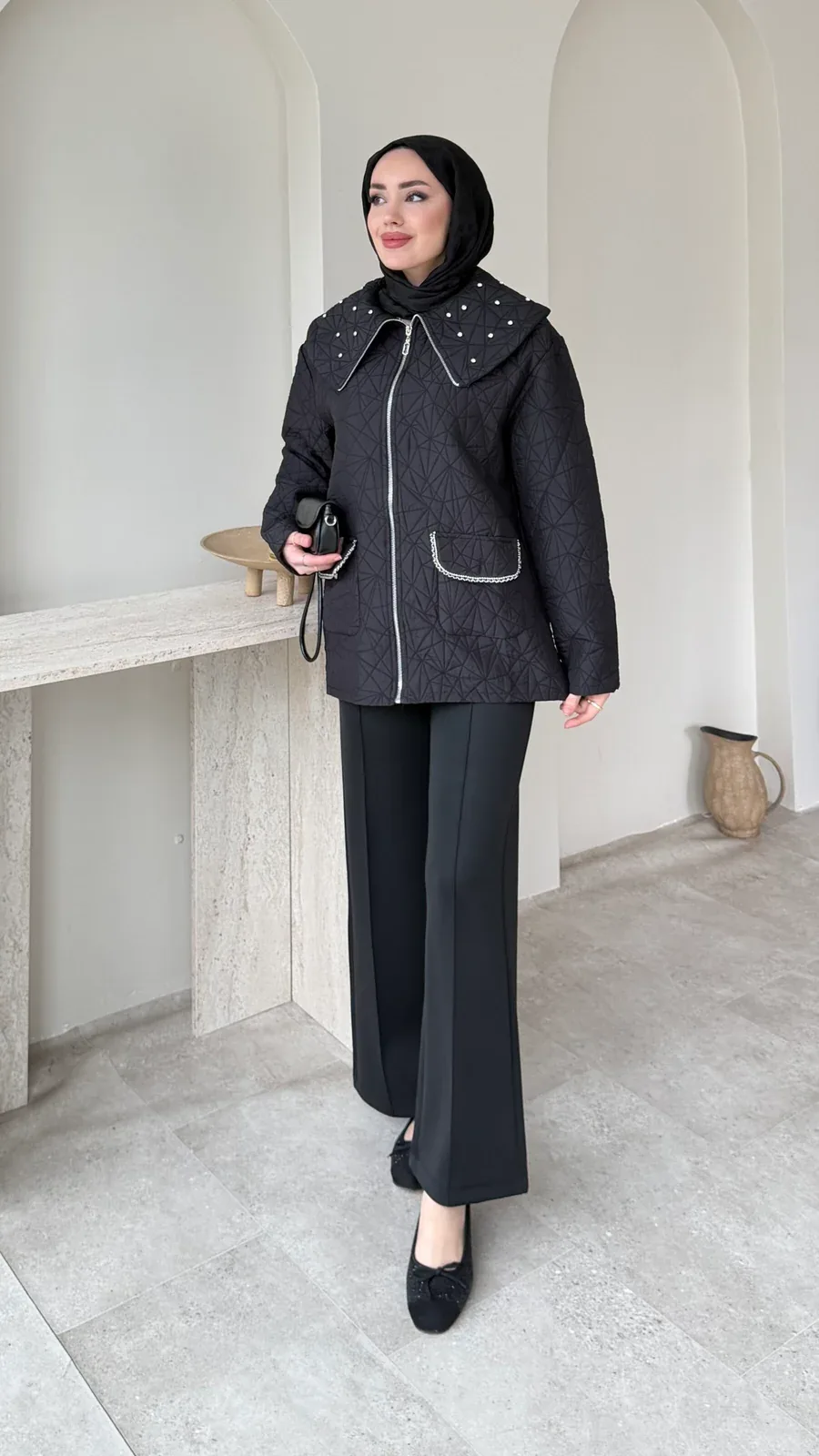 Lara Üçgen Desen Ceket – Siyah, görsel 1