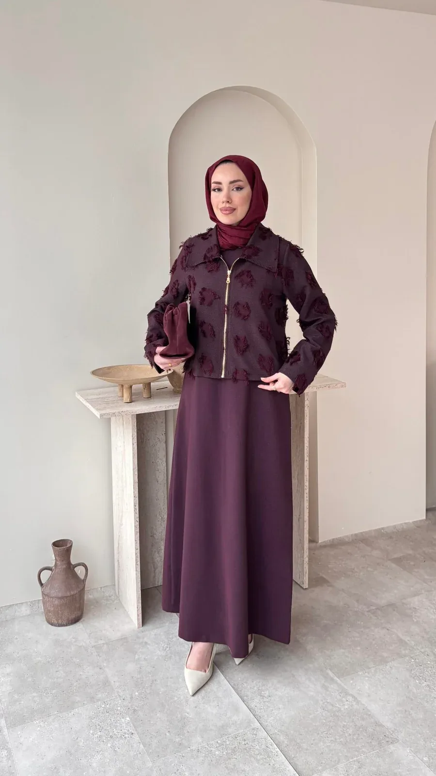 Velvet Jileli Ceket Takım – Bordo, görsel 1
