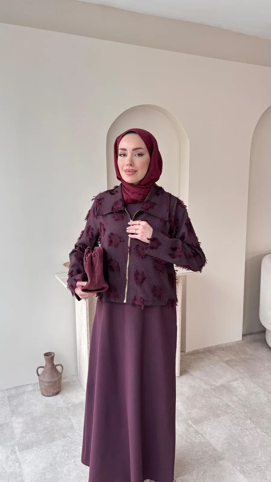 Velvet Jileli Ceket Takım – Bordo, görsel 2