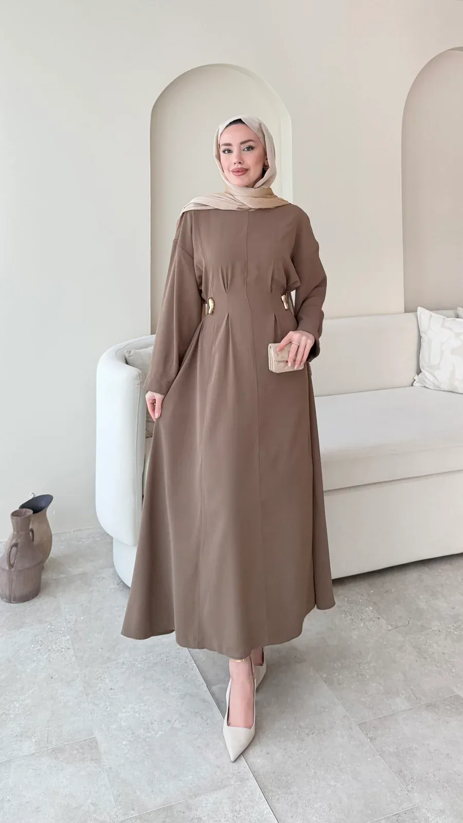 Meyla Gold Detaylı Elbise – Vizon, görsel 1