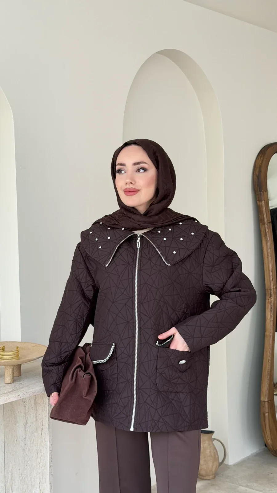 Lara Üçgen Desen Ceket – Kahverengi, görsel 4