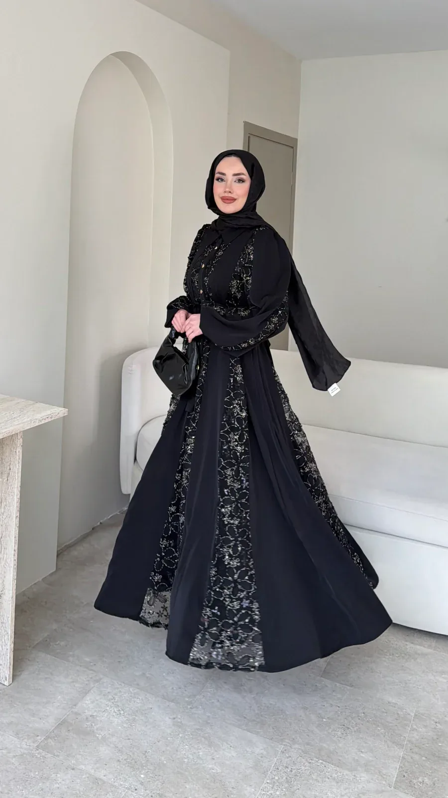 Loom Çiçek Desen Elbise – Siyah, görsel 6