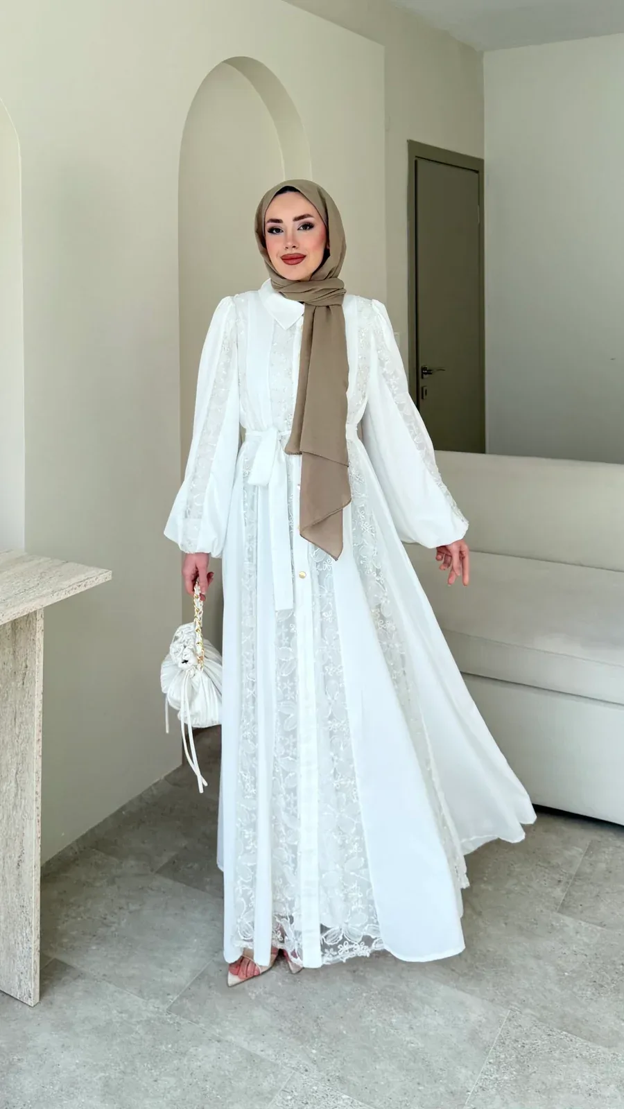 Loom Çiçek Desen Elbise – Beyaz, görsel 4