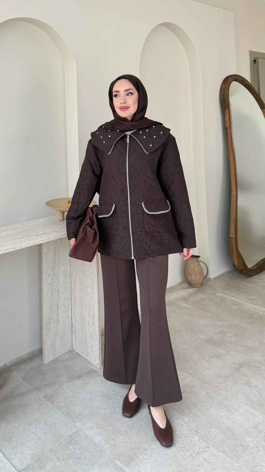 Lara Üçgen Desen Ceket – Kahverengi, görsel 1