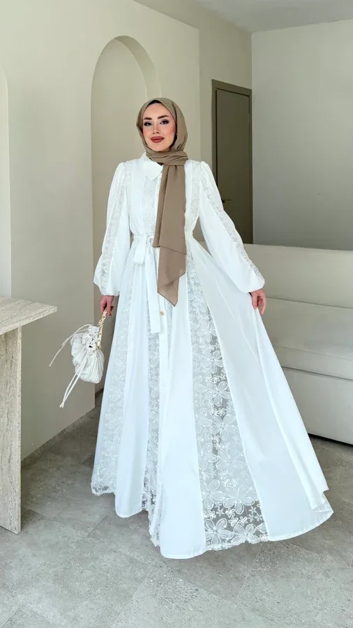 LOOM ÇİÇEK DESEN ELBİSE – BEYAZ