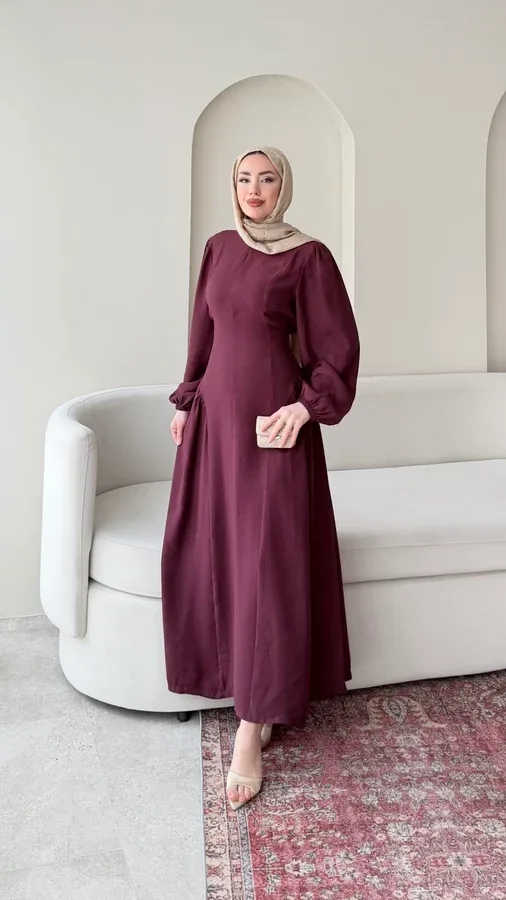 TALYA BAĞLAMA DETAYLI ELBİSE – MÜRDÜM
